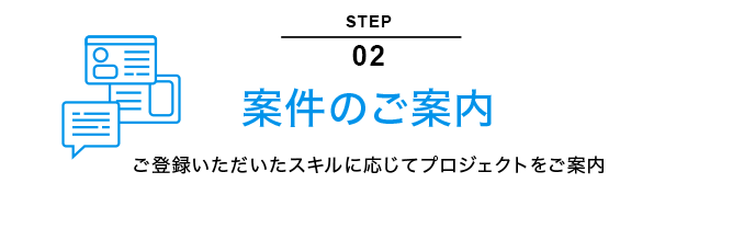 STEP02｜案件のご案内｜ご登録いただいたスキルに応じてプロジェクトをご案内｜※その際に事前の面談をお願いする場合がございます