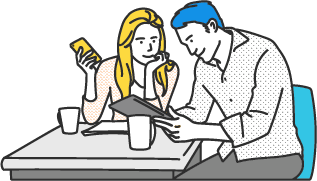 女性と男性がタブレットを見ているイラスト